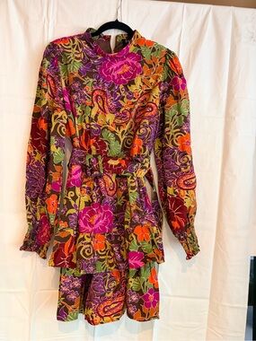 Fate Vibrant Purple Orange Green Paisley Long Sleeve ruffled Dress
